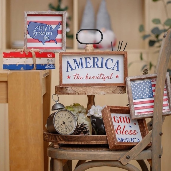 4th of July Frame Metal USA Flag Block Sign American Table Patriotic Wood Decor - Picture 3 of 8